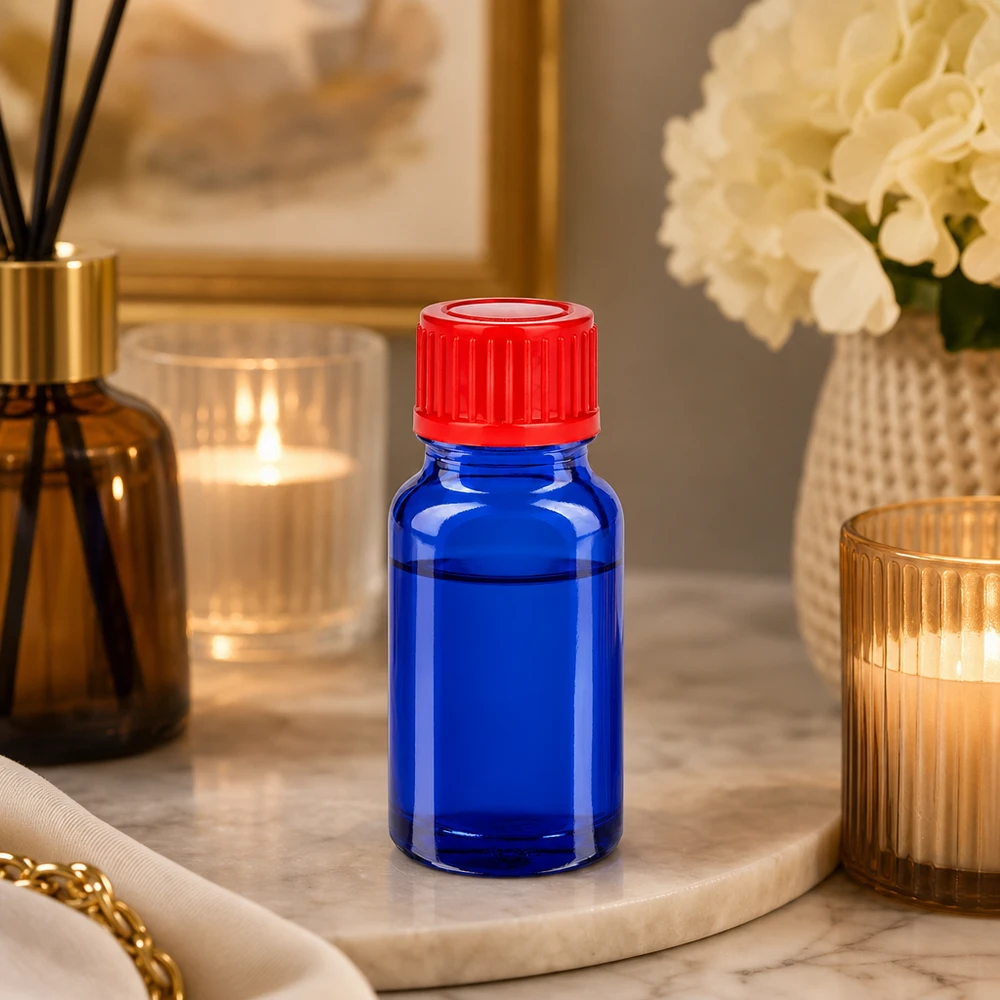 Frasco de vidrio BlueLine de 10 ml de alta calidad con protección UV y tapón rojo de seguridad para muestras