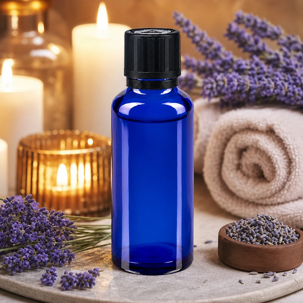 Botella de farmacia tapón cuentagotas 30ml azul anillo vertedor 1mm negro cierre de seguridad para niños símbolo de advertencia ciego cierre inviolable Frasco de cristal azul de 30 ml con gotero, en un ambiente de spa con flores de lavanda y velas
