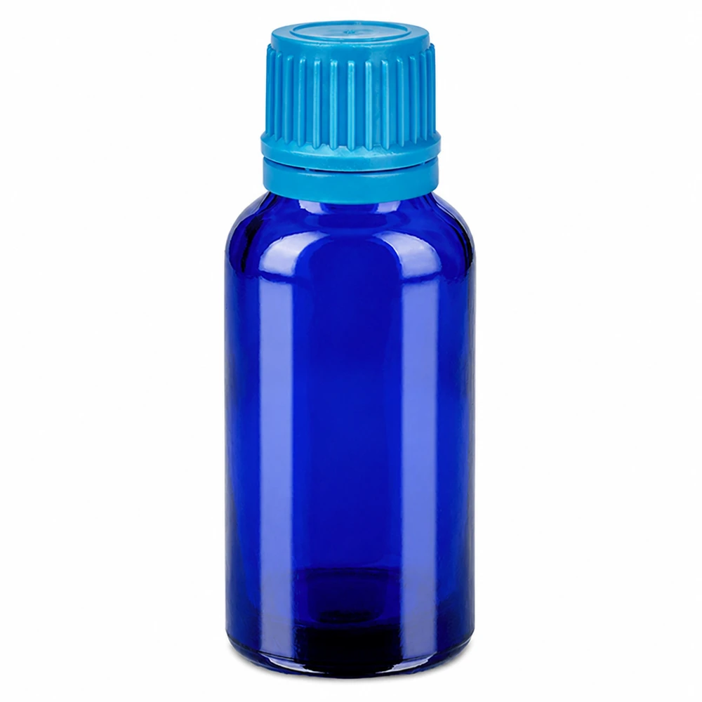 Frasco de vidrio azul de 30 ml con tapón de rosca azul claro para aceites esenciales y cosméticos