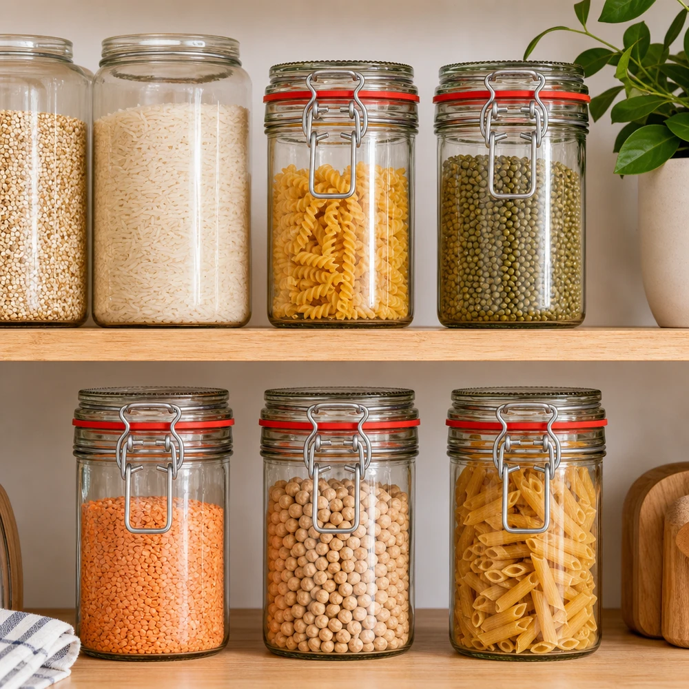 Tarros de almacenaje con tapa abatible llenos de pasta arroz lentejas garbanzos cocina organizada almacenaje despensa
