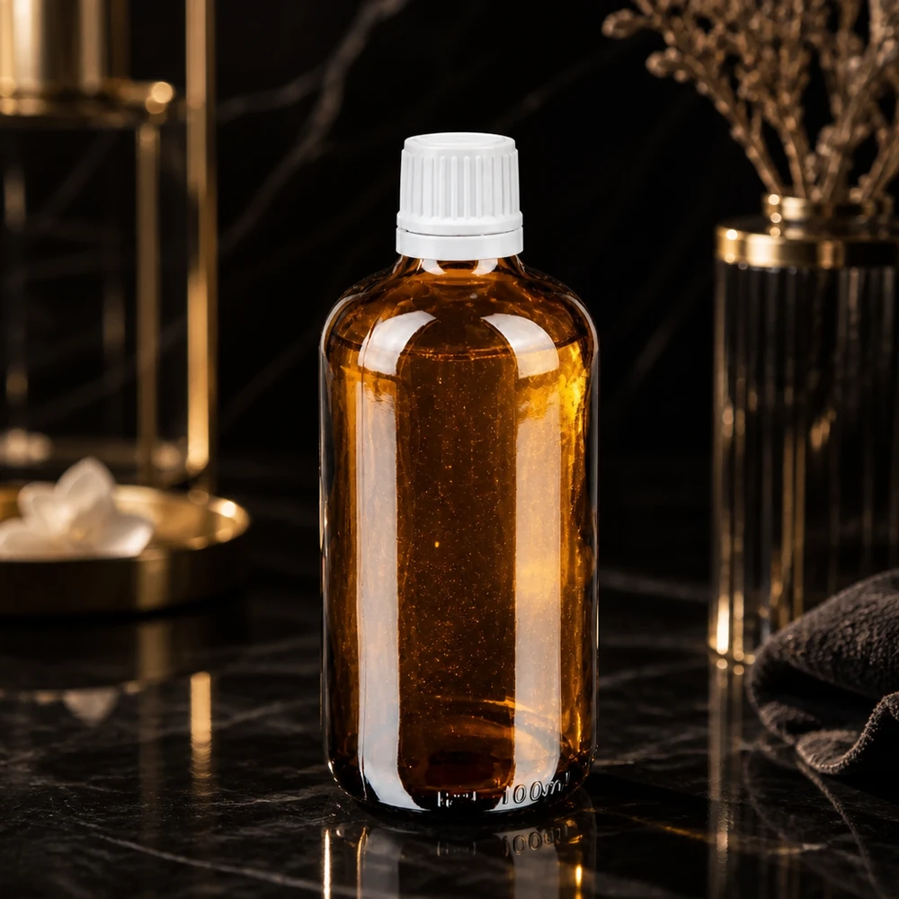 Frasco cuentagotas marrón de 100 ml con tapón original blanco, elegantemente presentado sobre mármol negro
