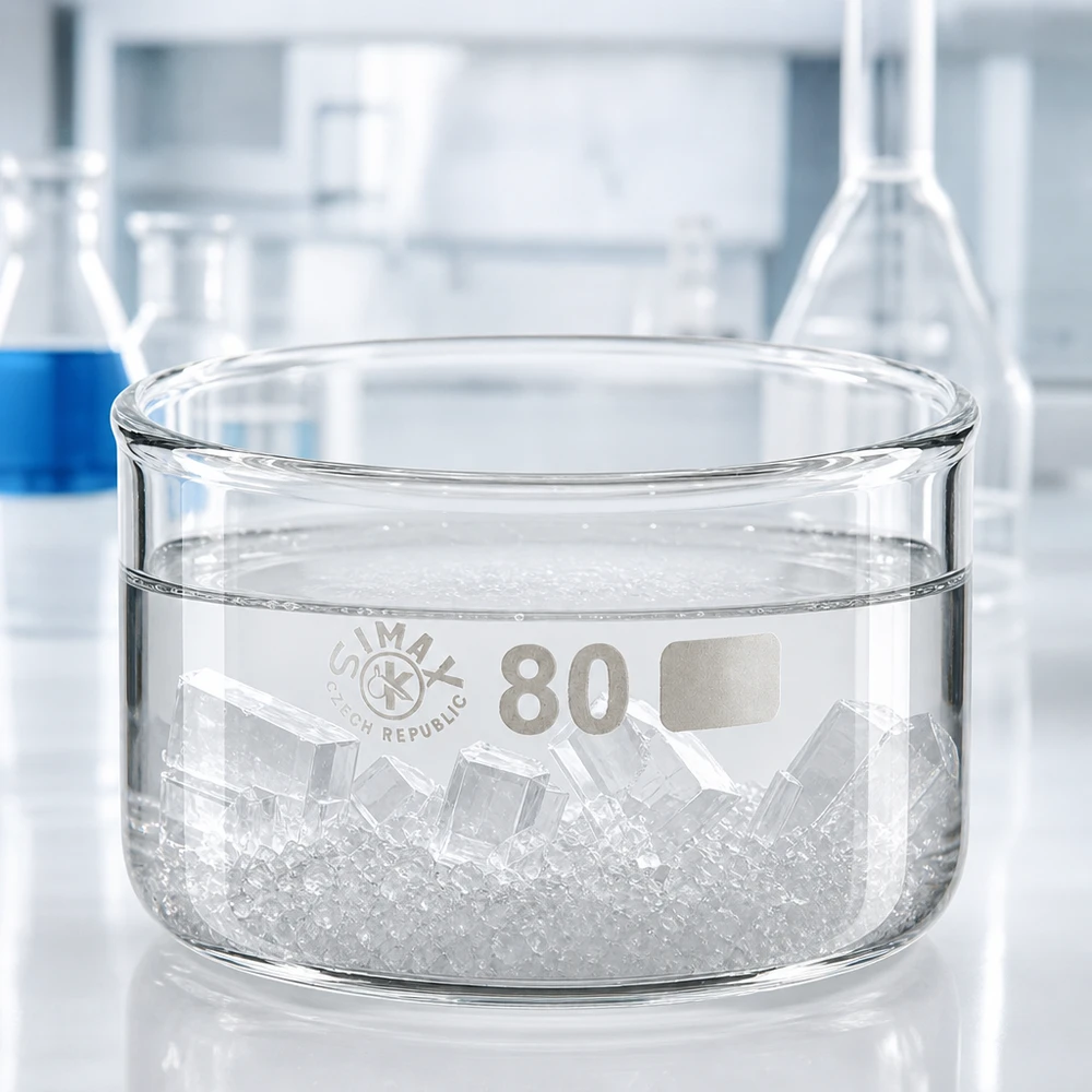 Cristalizador 150ml sin pico borosilicato ø80mm Cuenco de cristal plano con cristales y agua en el laboratorio. Diámetro: 80 mm. SIMAX, 150 ml.