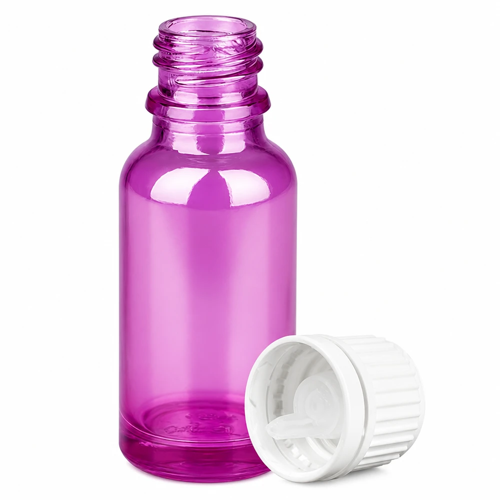 20ml frasco cuentagotas 0.7mm blanco Originalidad cierre de rosca PurpleLine UT18/20 Frasco de vidrio violeta de 20 ml con tapón cuentagotas blanco para aceites esenciales y sueros