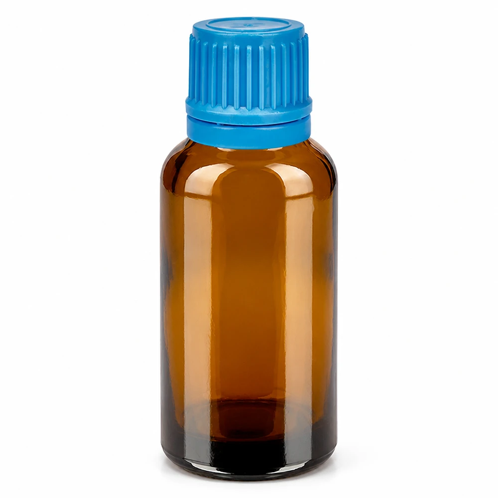 Botella 30ml tapón rosca 11mm azul BrownLine UT18/30 Frasco de vidrio ámbar de 30 ml con tapón de rosca azul para aceites esenciales y medicamentos