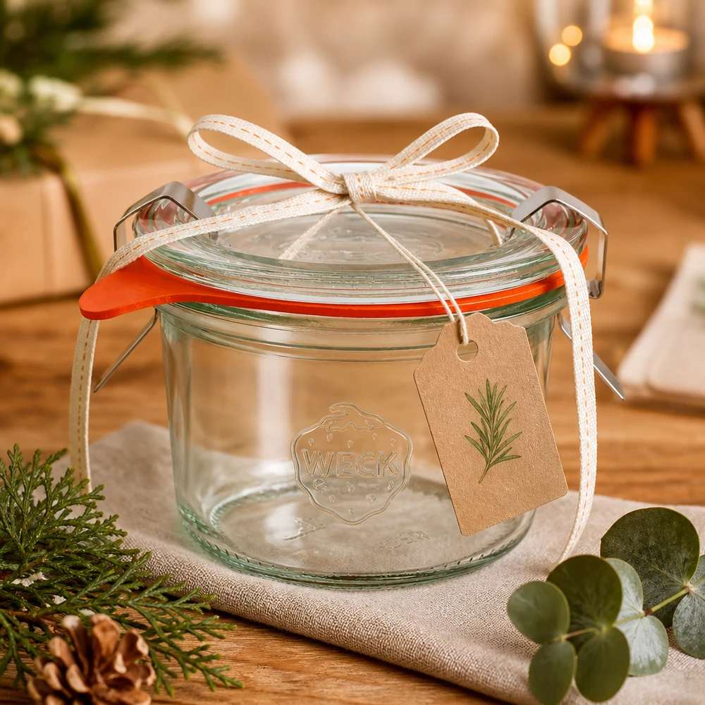 Vasos WECK RR60 de 80 ml en envase de regalo con cinta y etiqueta en una acogedora decoración navideña