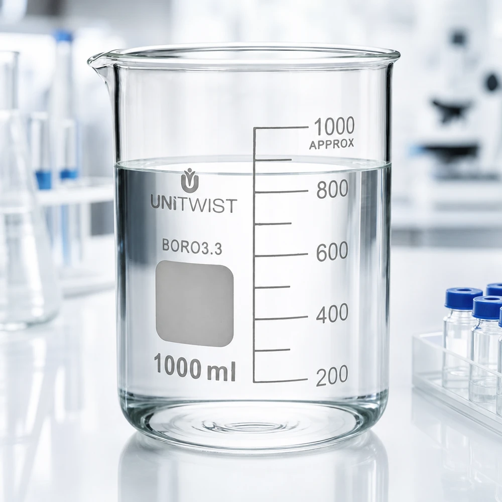 Vaso de precipitados UNiTWIST de 1000 ml, de borosilicato 3.3, de forma baja, lleno de agua sobre una mesa de laboratorio