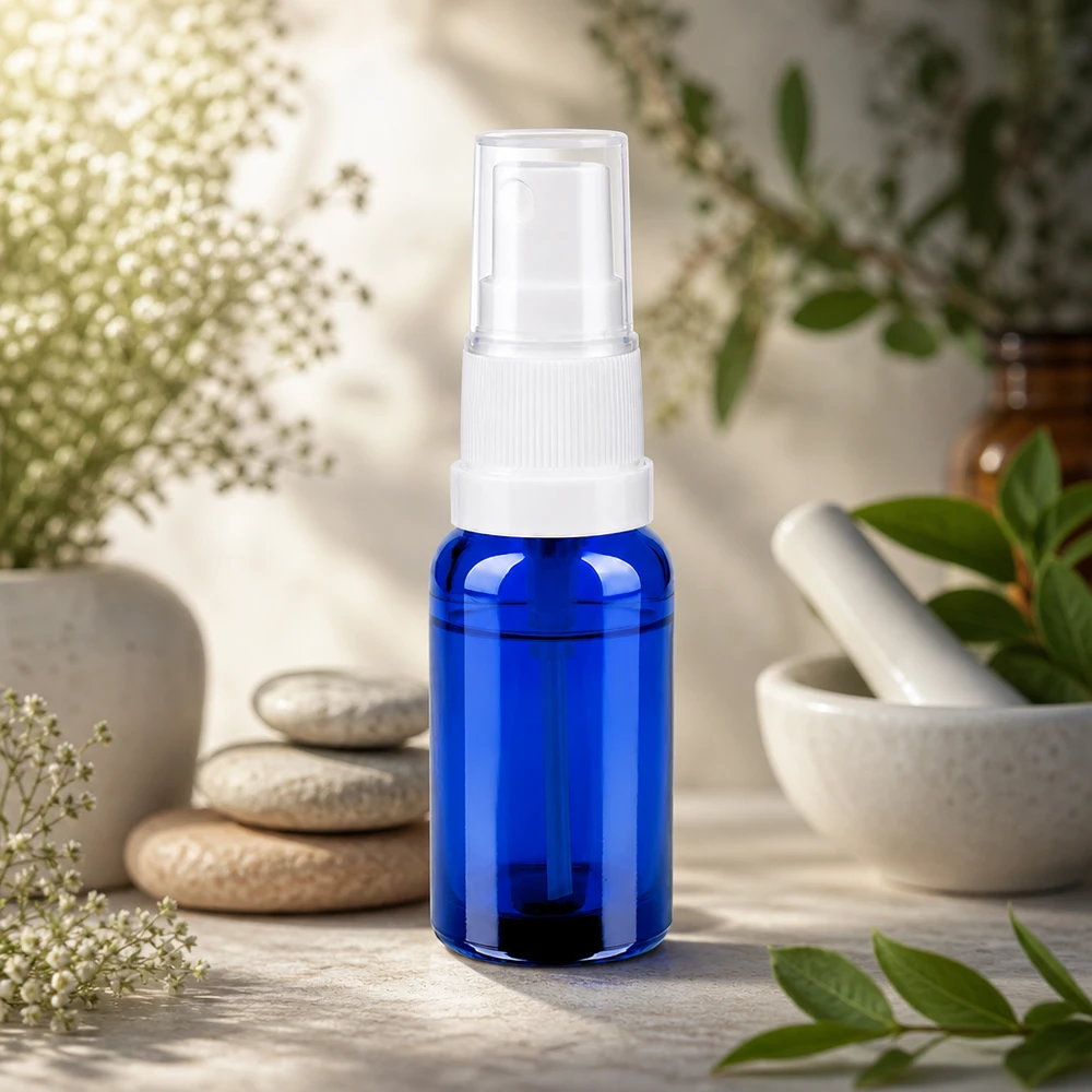 Frasco pulverizador 20ml blanco/transparente tapón estándar BlueLine UT18/20 Práctico pulverizador de cristal de 20 ml en azul con accesorio pulverizador blanco ergonómico para llevar encima