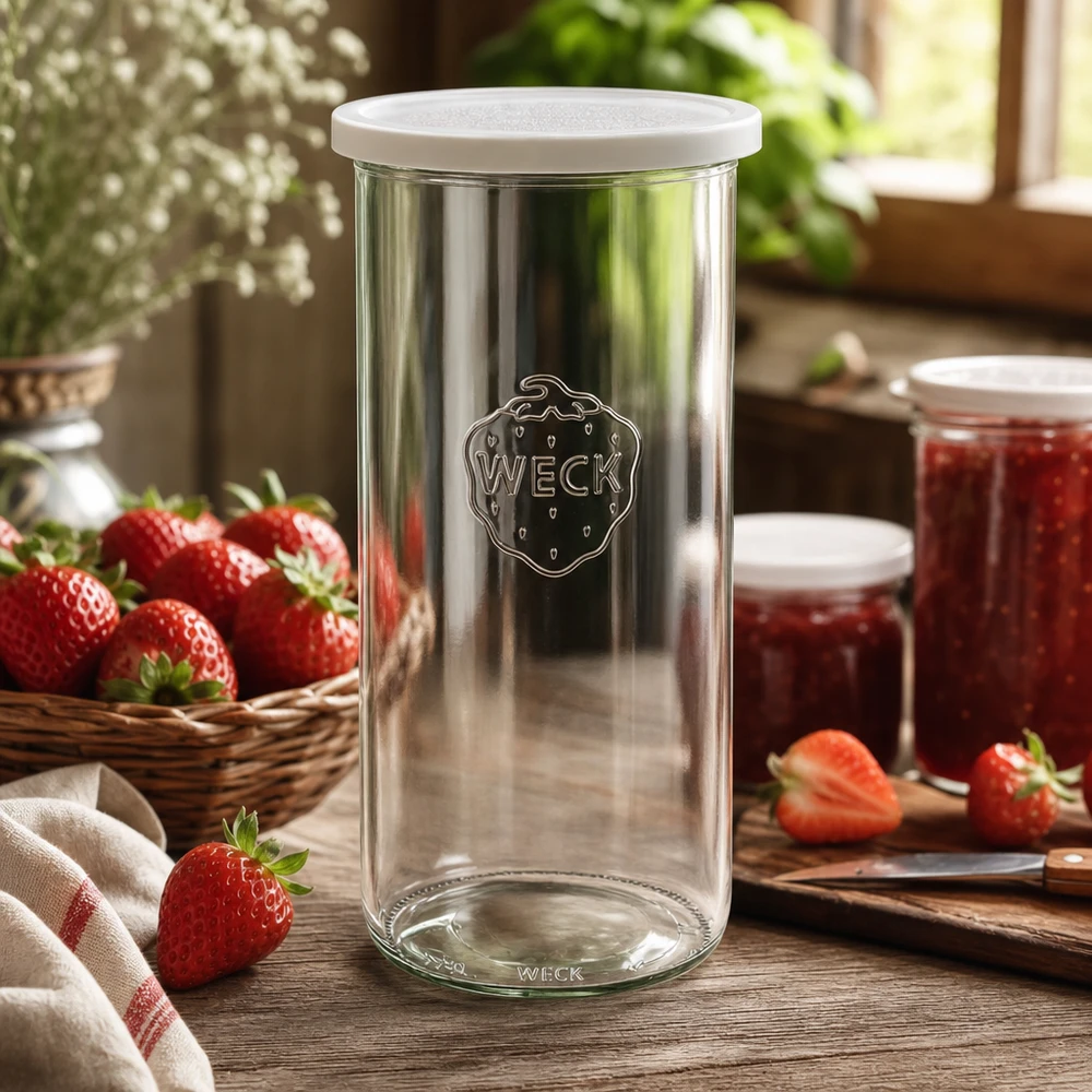 Vasos de 1500ml con tapa de frescura WECK RR100 Tarro de almacenaje WECK 1500ml RR100 en una cocina rústica con fresas y tarros de mermelada como estilo de vida