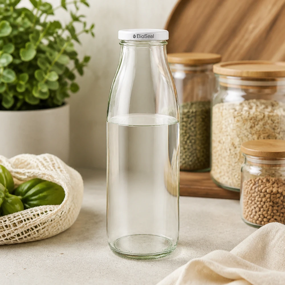 Frasco de vidrio de 500ml + tapa BioSeal blanca UNiTWIST 500ml Glasflasche leer mit weißem BioSeal Deckel in nachhaltiger Küche zwischen Vorratsgläsern und Bio-Gemüse