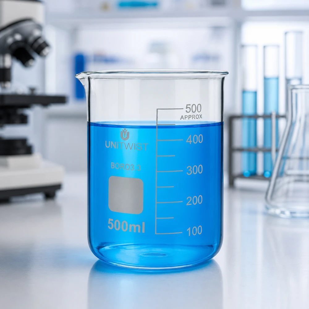 Vaso 500 ml borosilicato, molde bajo UNiTWIST Vaso de cristal UNiTWIST de 500 ml, de forma baja, lleno de líquido azul hasta la marca de 450 ml