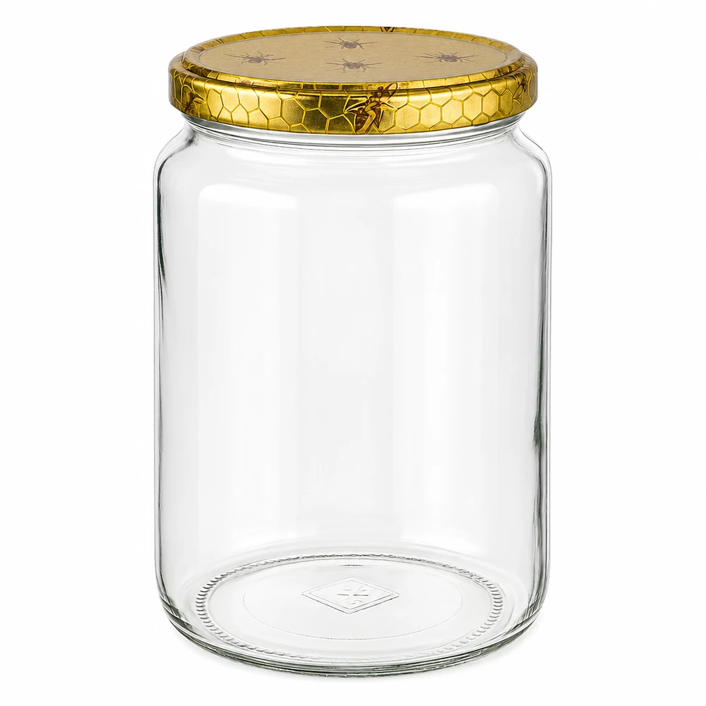 Tarro para miel de 1000 g con tapa con diseño de panal BasicSeal UNiTWIST Tarro de miel de cristal vacío de 1000 g con tapa de panal dorada y motivo de abeja para tarro de almacenamiento de miel para apicultura