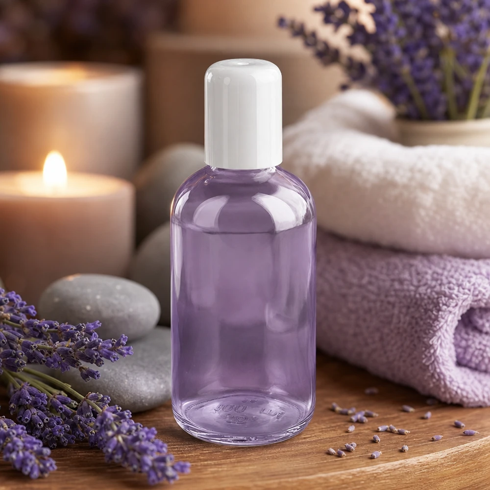 Frasco roll-on blanco de 100 ml ClearLine UT18/100, con aceite de lavanda, en un entorno de spa