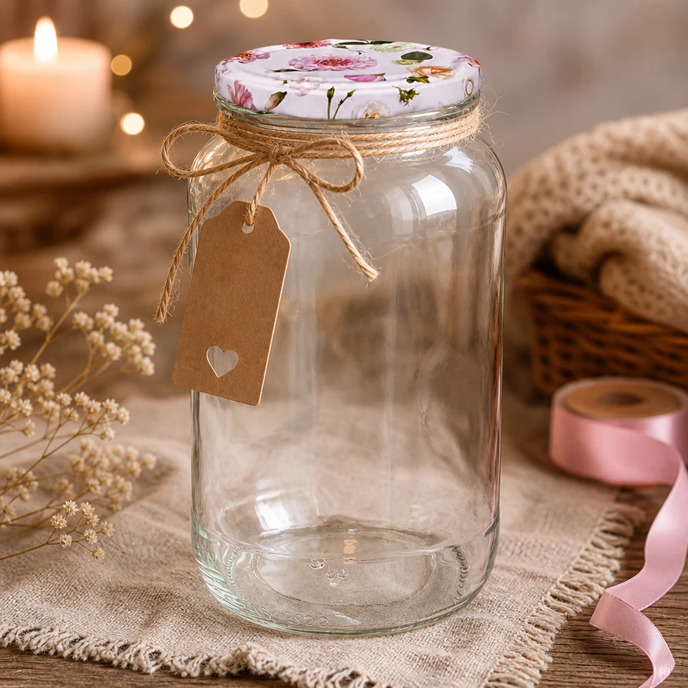 Tarro redondo decorativo de 1062 ml con tapa de flor rosa BasicSeal y etiqueta de regalo presentación rústica
