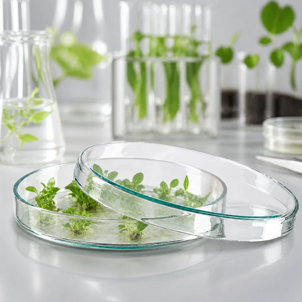 Placa de Petri de 100 x 10 mm de cristal con plántulas verdes para el cultivo botánico de tejidos
