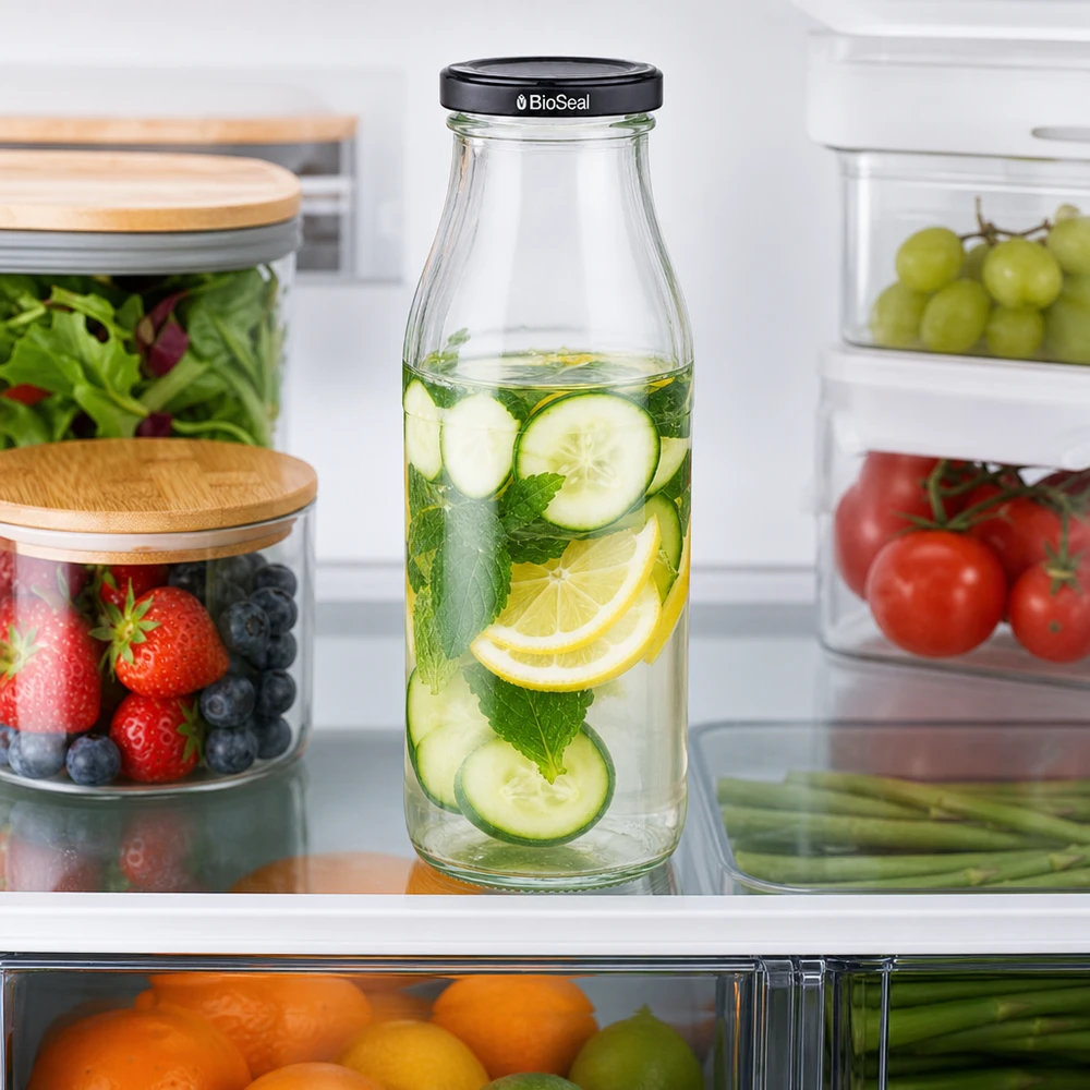 Botella de cristal de 500 ml de agua con infusión de pepino y limón en el frigorífico junto a los alimentos frescos en recipientes de almacenamiento