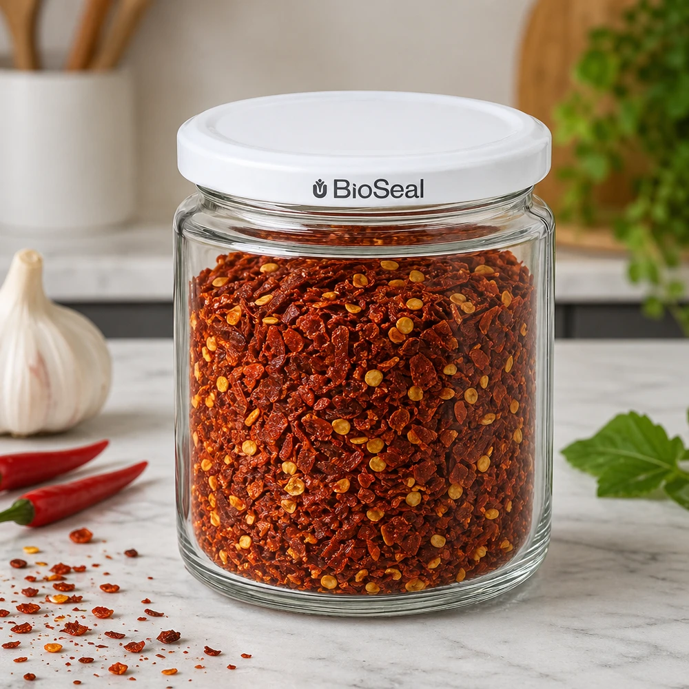 Tarro para miel de 350 g con tapa blanca BioSeal UNiTWIST Tarro de miel de 250 ml con tapa BioSeal lleno de mezcla de especias de guindilla como almacenamiento de cocina sobre encimera de mármol