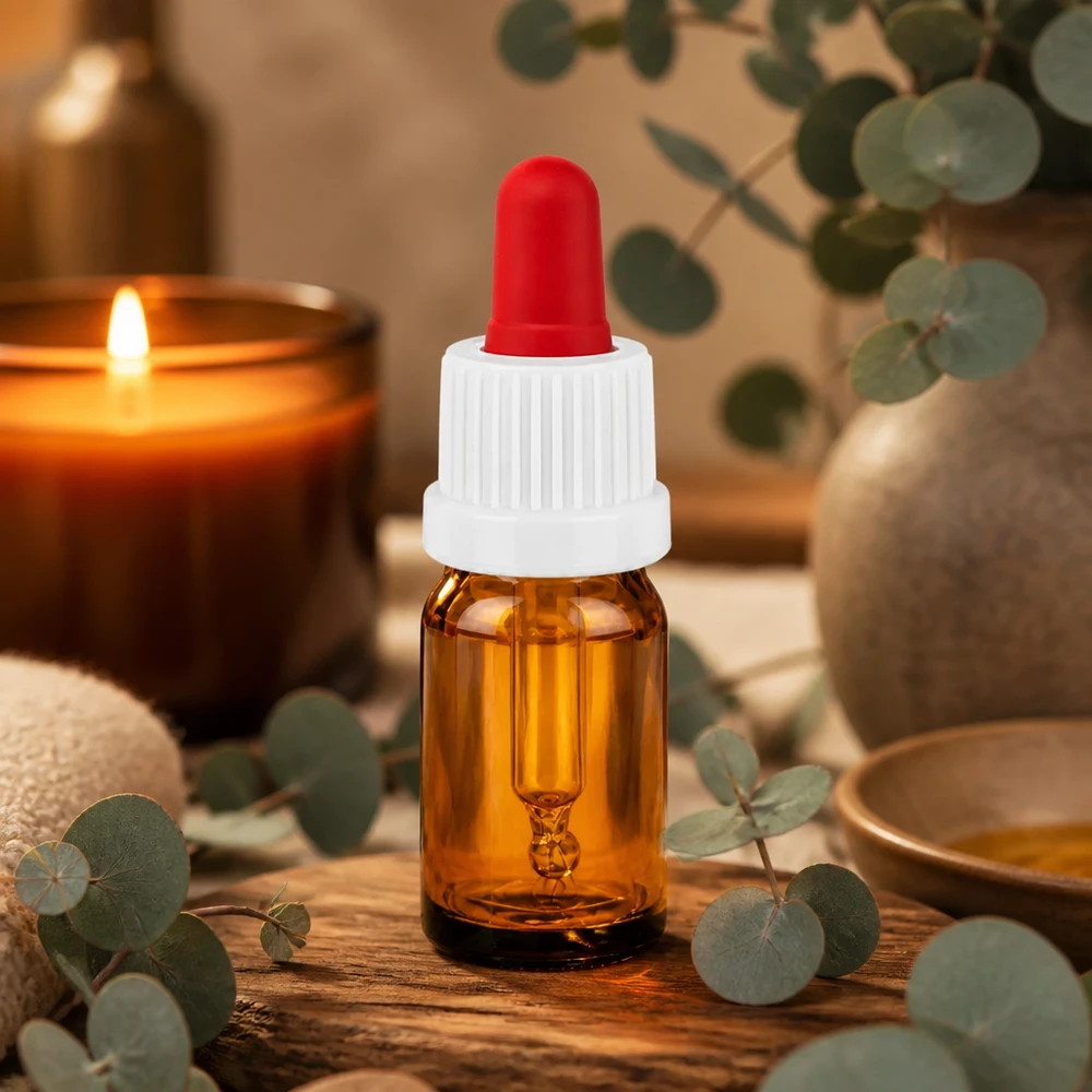 Pequeño frasco pipeta de 5 ml de vidrio ámbar con tapón blanco-rojo para aceites esenciales