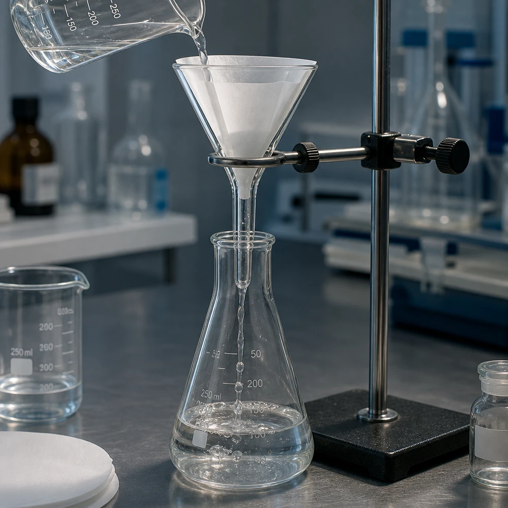 Embudo de laboratorio de vidrio sodocálcico con abertura de 30 mm y diseño compacto para procesos de filtración seguros