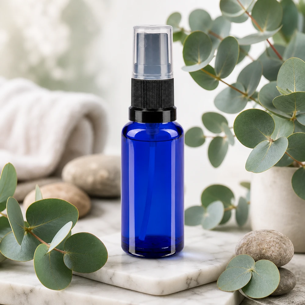Frasco pulverizador de cristal de 30 ml de color azul cobalto con tapón protector transparente, rodeado de ramitas de eucalipto