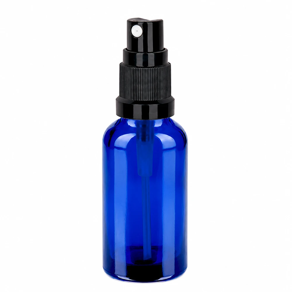 Frasco de cristal azul de 30 ml con pulverizador negro para perfumería y aromaterapia