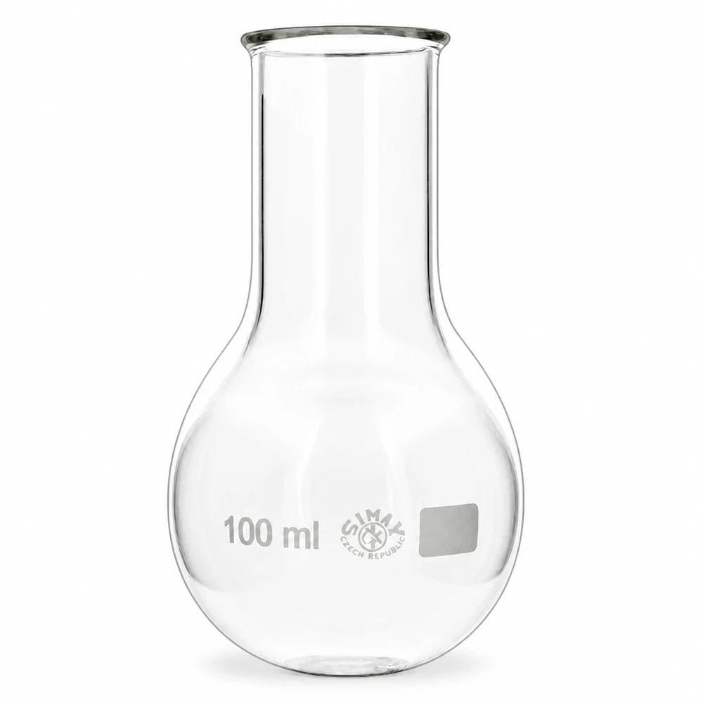 Frasco de cuello ancho y fondo redondo de 100 ml con abertura ancha para facilitar el llenado y la limpieza en el laboratorio