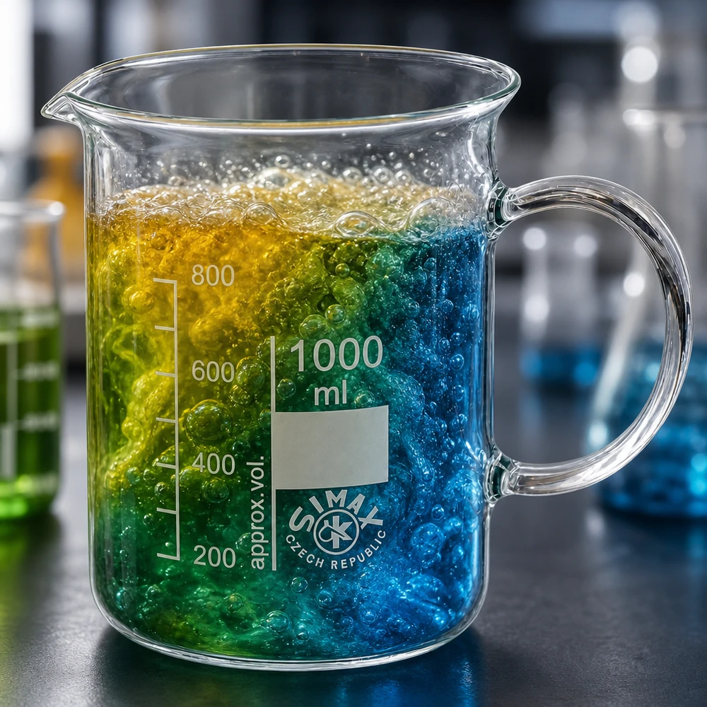 Vaso de precipitados de 1000 ml con asa y mezcla de reactivos de colores (azul, verde y amarillo) en el laboratorio
