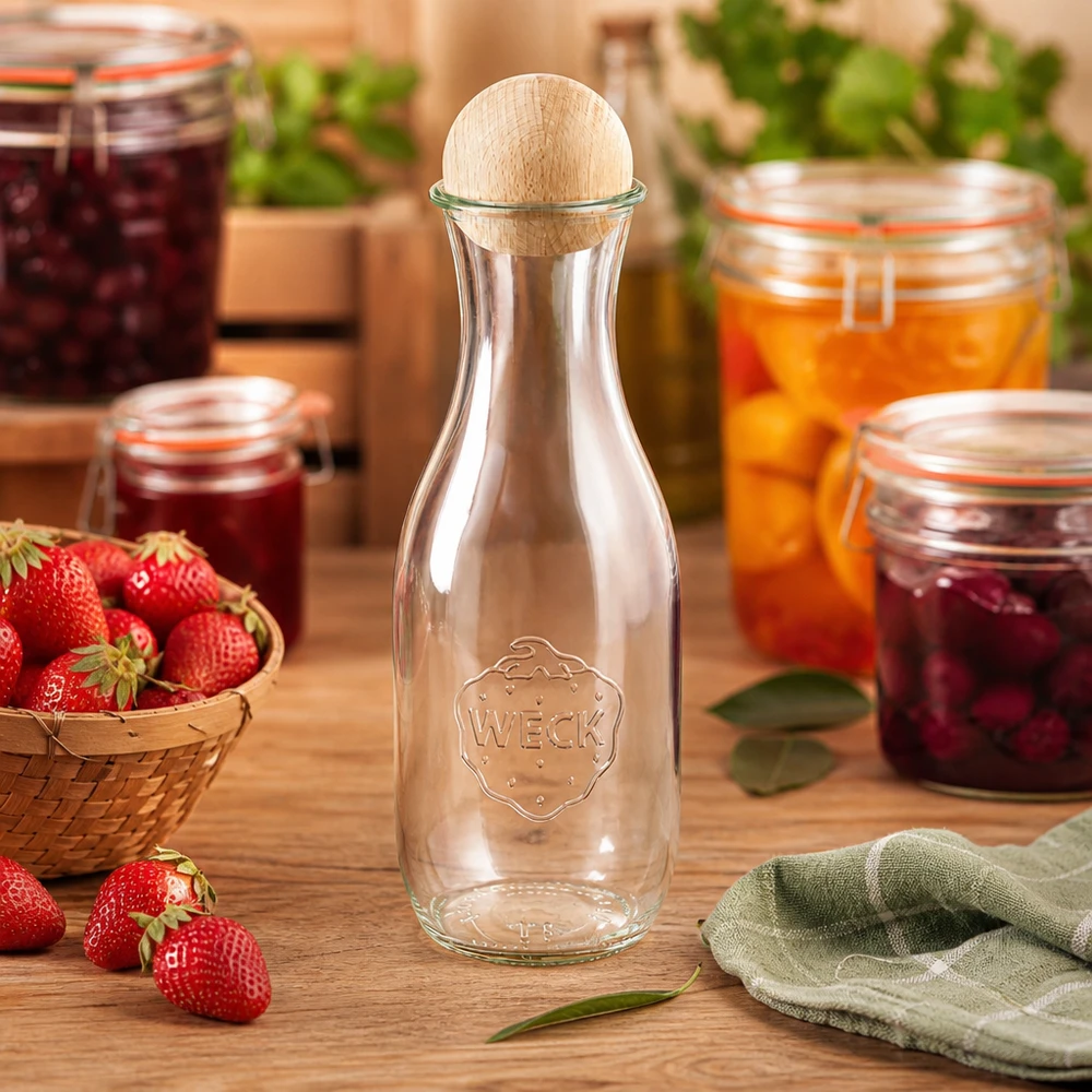 WECK botella de vidrio 1062ml en la cocina con tarros de mermelada de fresas y tapa de madera de haya bola