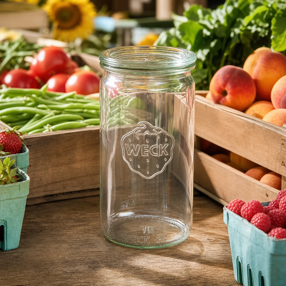 Tarro cilíndrico de 340ml con tapa de cristal WECK RR60 Tarro cilíndrico WECK 340ml RR60 transparente sobre mesa de madera rodeado de frutas frescas verduras y bayas ambiente de puesto de mercado