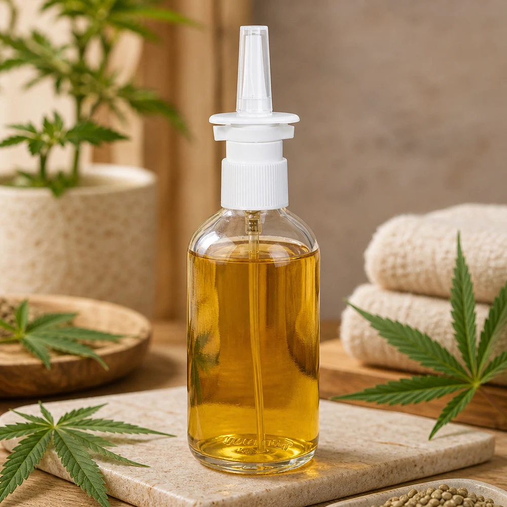 Frasco de spray nasal ClearLine de 100 ml, con aceite de CBD de color dorado y boquilla nasal blanca