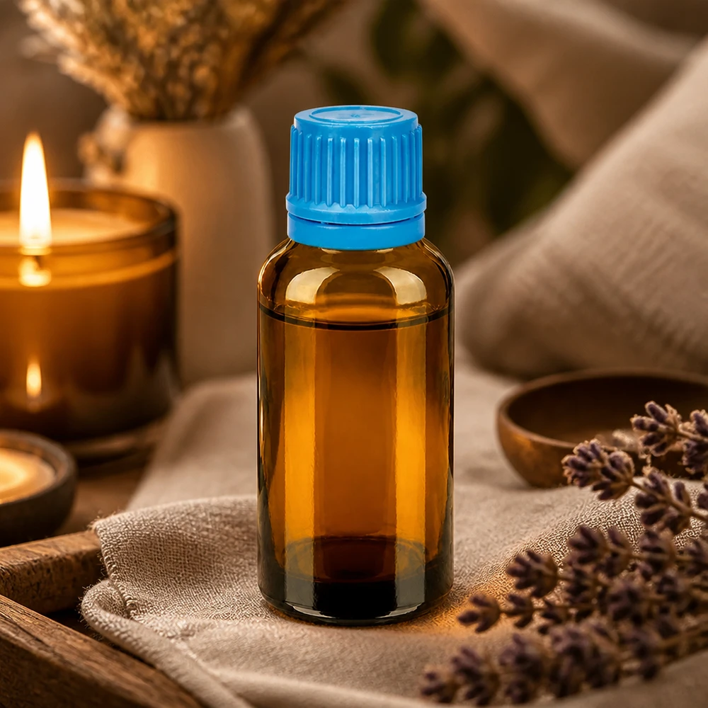 Frasco de vidrio de color ámbar de 30 ml con tapón azul texturizado para una dosificación precisa