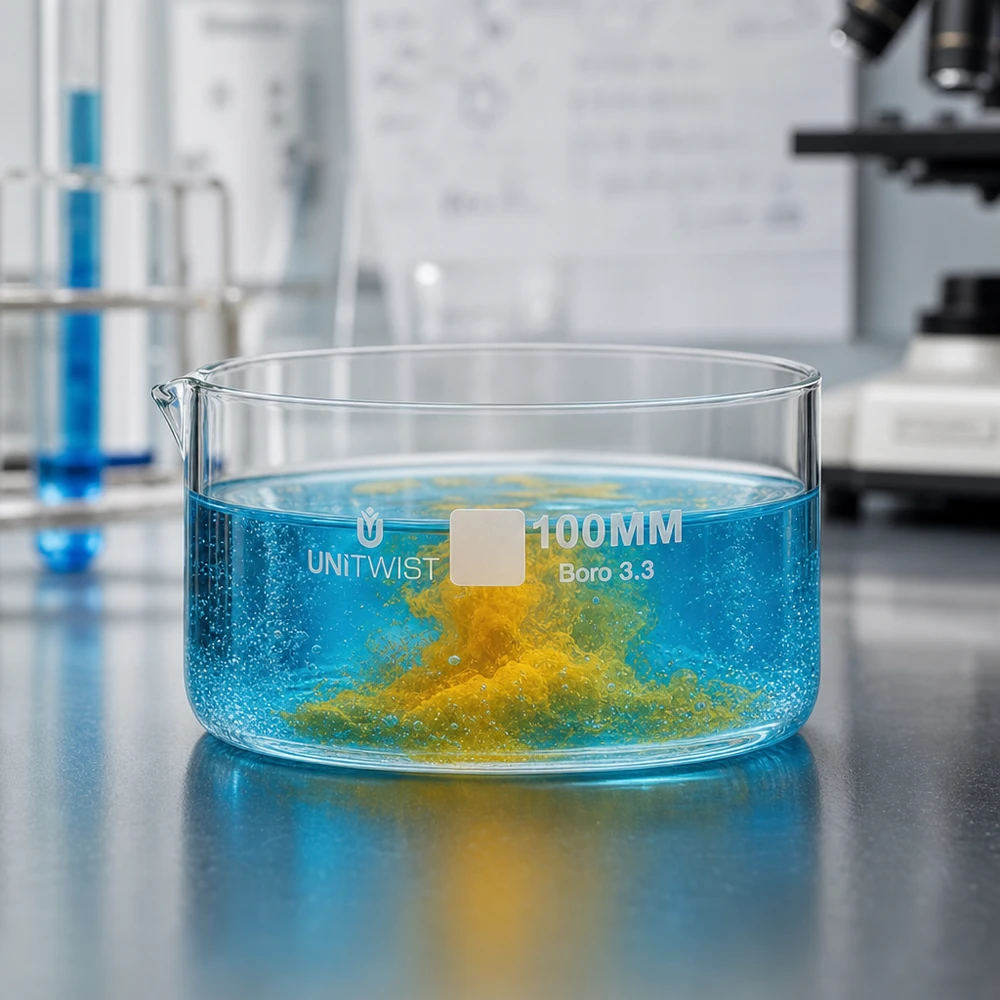Cristalizador ø100mm vidrio borosilicato UNiTWIST Cubeta de cristalización de 100 mm UNiTWIST. Reacción de precipitación azul-amarilla. Vidrio borosilicato. Laboratorio