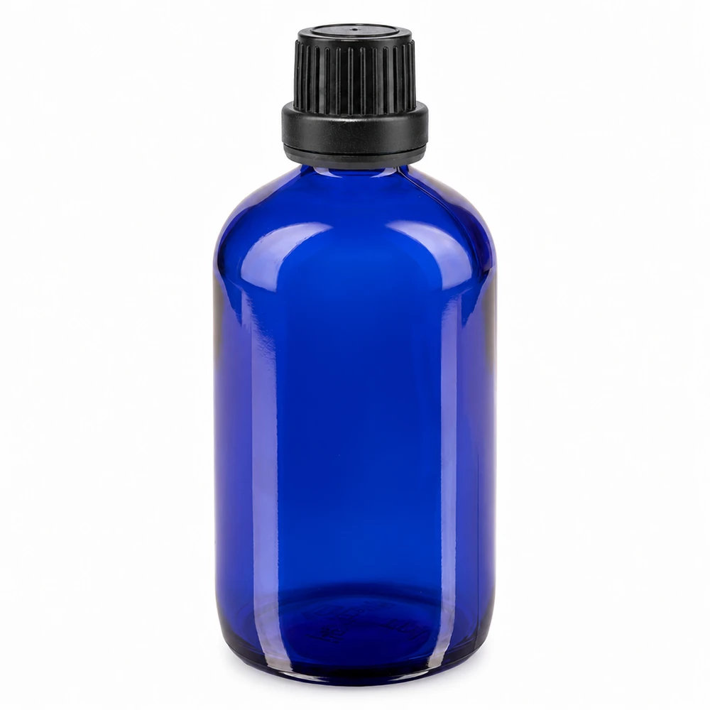 Frasco de farmacia de cristal azul de 100 ml con tapón de rosca negro de 11 mm