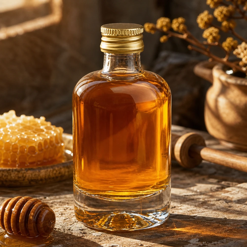 Botella de vidrio de 40 ml «Sara» con tapón de rosca dorado UNiTWIST® Botella de cristal de 40 ml Sara llena de miel - tapón dorado UNiTWIST junto al panal y la cuchara de miel