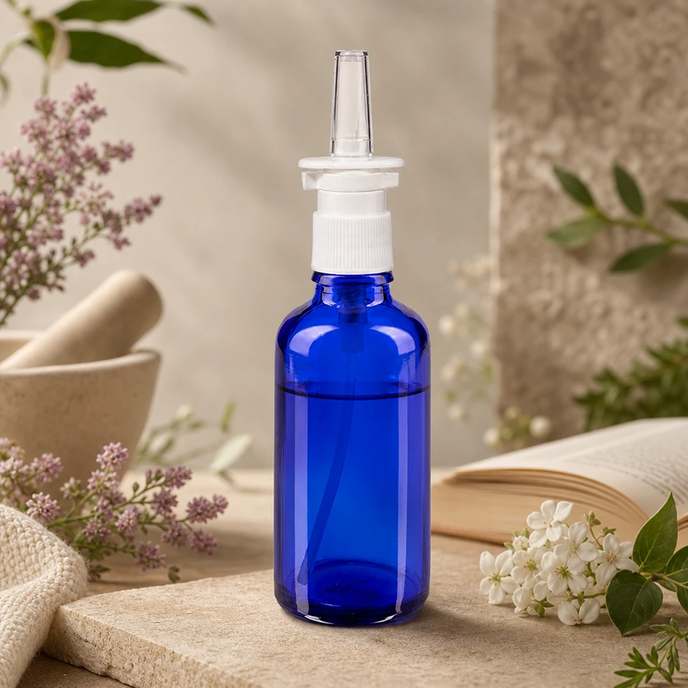 Frasco azul de 50 ml para spray nasal, de cristal de farmacia, con dosificador ergonómico blanco