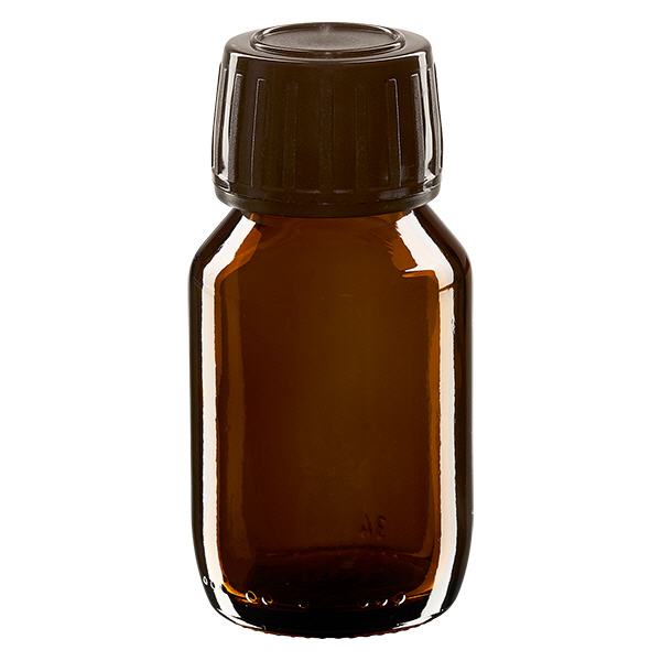 Frasco medicamento 50ml marrón, tapón marrón con precinto de seguridad ApoGlas Frasco medicamento 50ml marrón, tapón marrón con precinto de seguridad ApoGlas