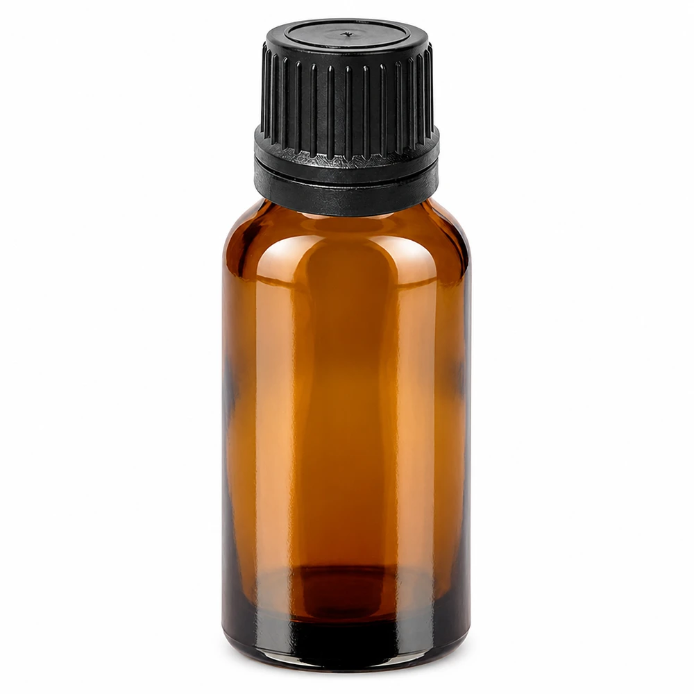 Frasco gotero de vidrio ámbar de 20 ml con tapón negro para aceites esenciales y cosméticos