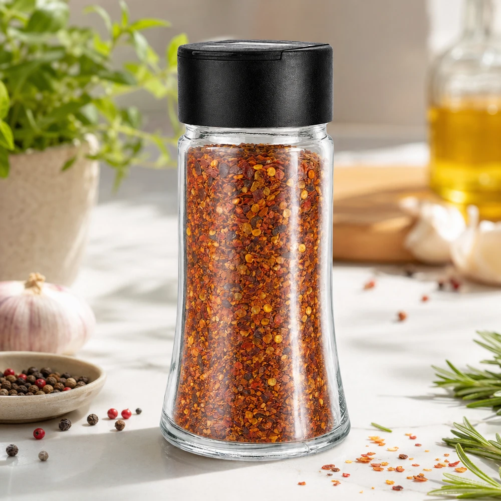 Copos de chile en un tarro de especias de cristal transparente de 95 ml con tapa dosificadora negra sobre una base de mármol