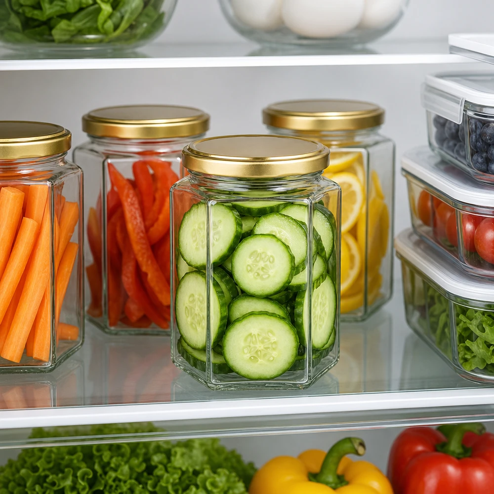 Meal prep con tarro de miel de 500 g BasicSeal UT tapa dorada como recipiente para guardar pepinos zanahorias pimientos en la nevera