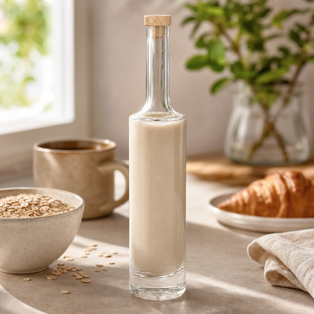 500ml Glasflasche Rosa mit cremiger Hafermilch in stylischer Küche neben Haferflocken und Croissant mit Holzkorken