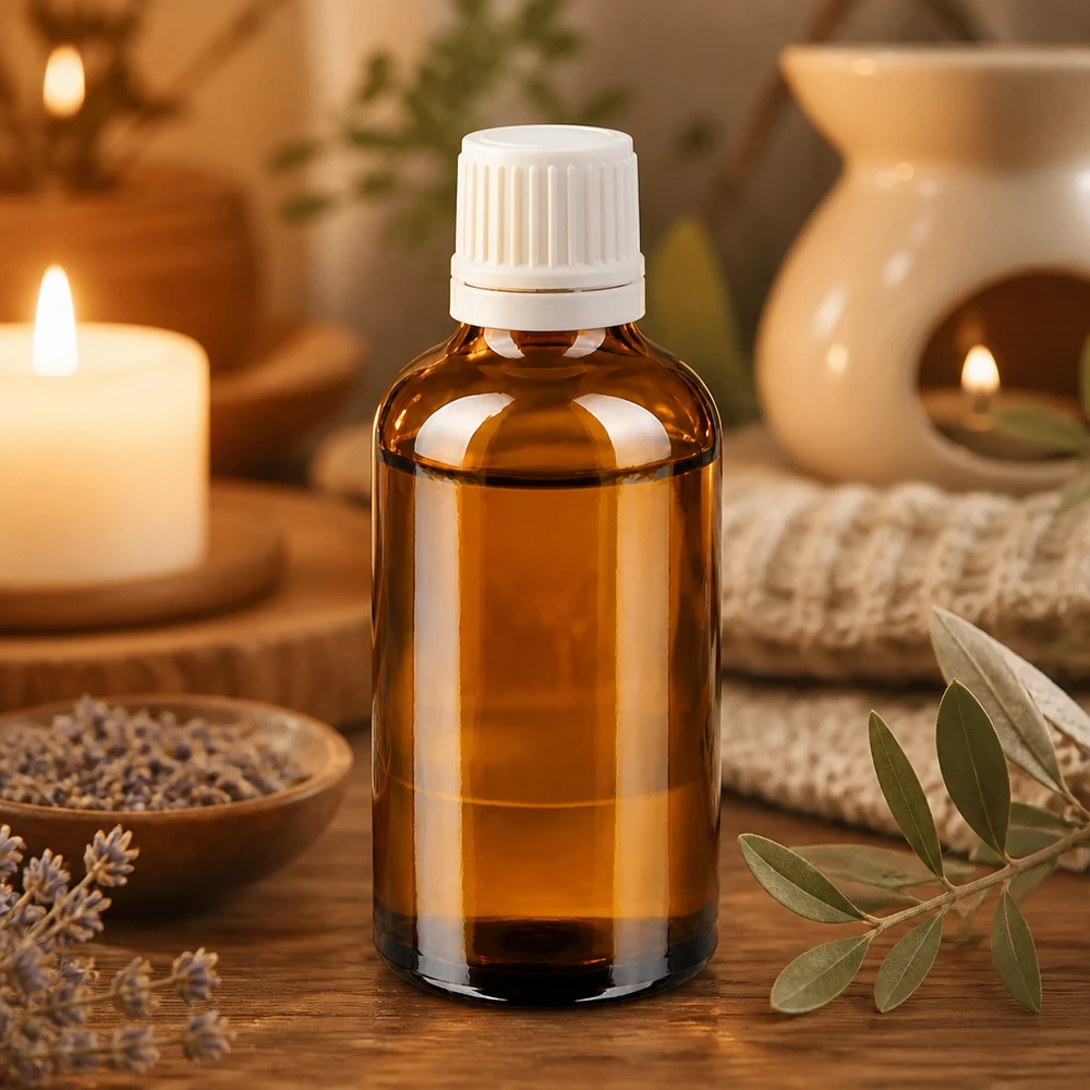 Frasco de vidrio ámbar de 50 ml con tapón de rosca blanco, rodeado de lavanda y velas