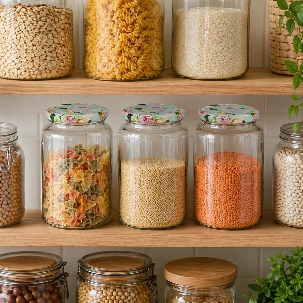 Organizador de despensa con tarros redondos de 795 ml con tapas de flor de menta, llenos de pasta, lentejas y cereales en la despensa