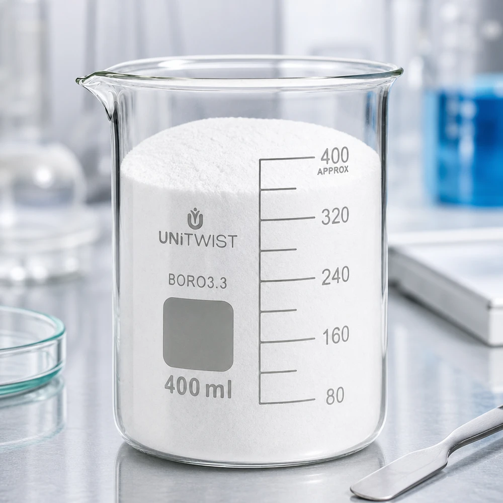 Vaso de precipitados UNiTWIST de 400 ml, de forma baja, lleno de polvo blanco sobre una mesa de laboratorio