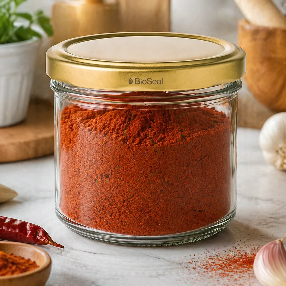 Tarro de conserva UNiTWIST de 125 ml relleno de pimentón en polvo - tapa TO66 dorada en ambiente de cocina