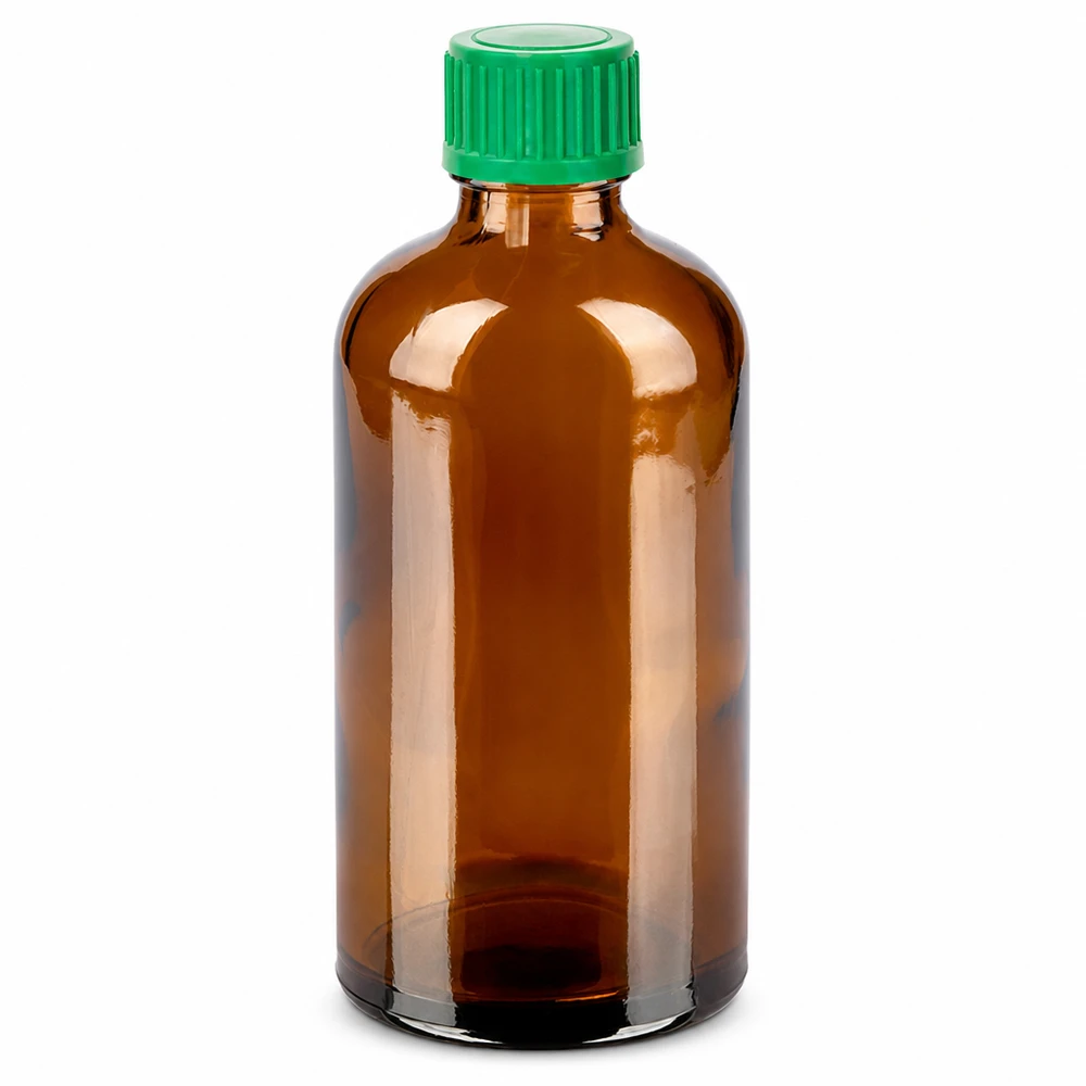 Botella de vidrio ámbar de 100 ml con tapón de rosca verde de 11 mm para un almacenamiento seguro