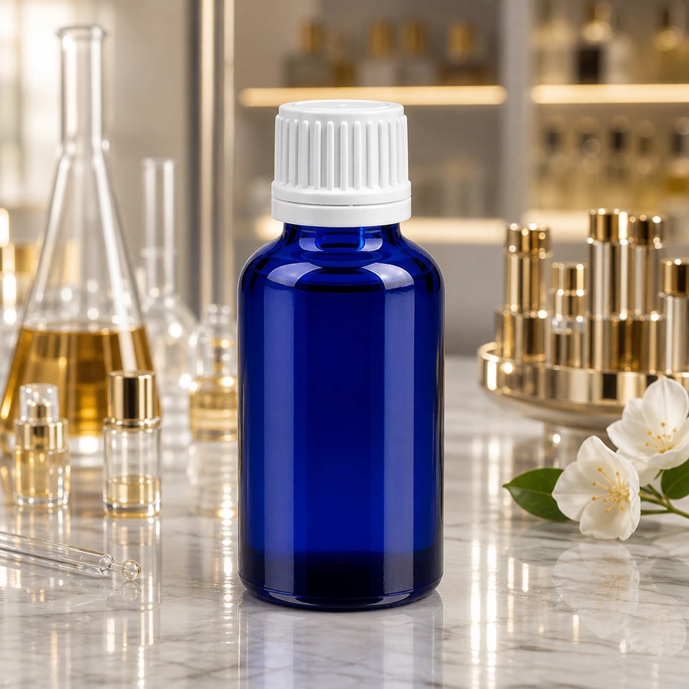 Botella de vidrio BlueLine de 30 ml con tapón blanco OV para almacenar líquidos de forma segura