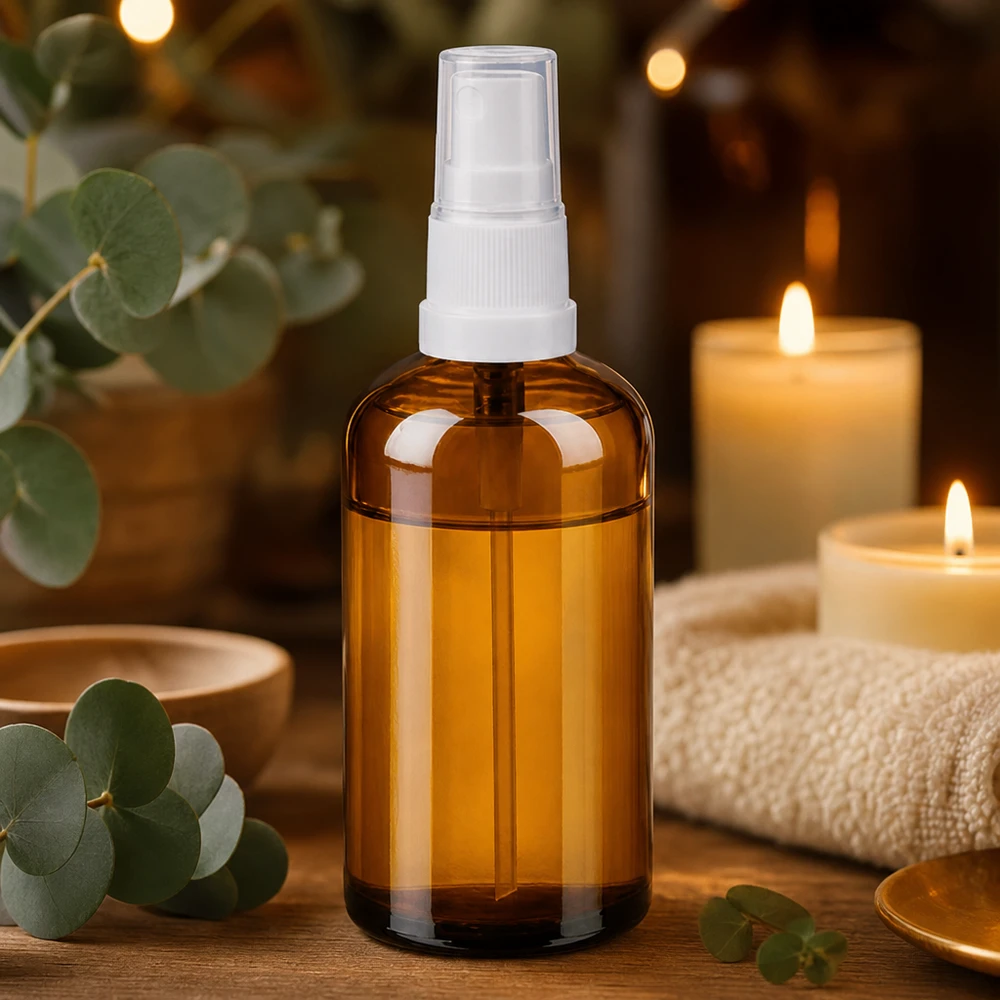 Elegante frasco pulverizador de 100 ml de vidrio ámbar con atomizador transparente para aplicaciones de aromaterapia