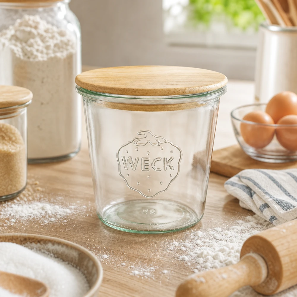 WECK 580ml mason jar vacío con tapa de madera en cocina sobre mesa de madera espolvoreada de harina entre accesorios de repostería y huevos