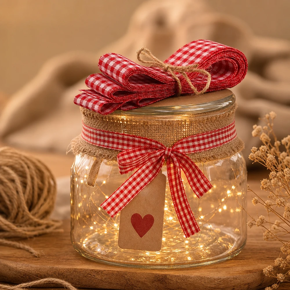 Cinta de tela roja y blanca para decorar, 300 cm Cinta de tela a cuadros rojos y blancos de 300 cm como decoración luminosa LED sobre un tarro de cristal con colgante de corazón en un ambiente acogedor