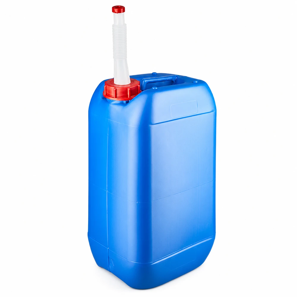 Bidón de plástico azul de 15 litros con tubo de salida flexible y tapón de rosca rojo