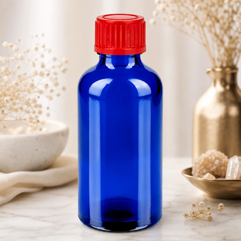Botella de cristal compacta de 50 ml BlueLine UT18/50 con práctico tapón de rosca de 11 mm para uso diario